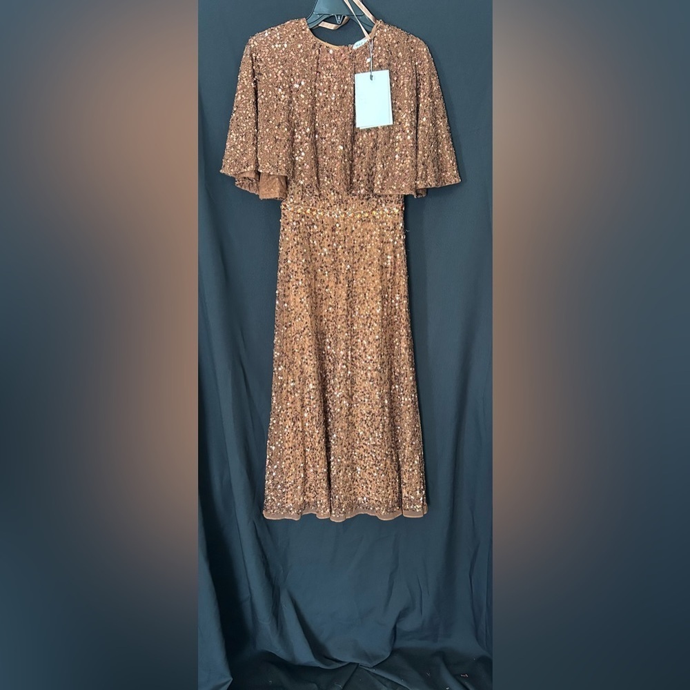 *Flawed Mac Duggal 5577 NWT Brown Embellished Cape High Neck Midi Dress